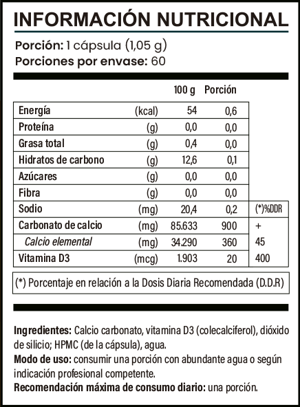 CalciPlus D | Calcio + Vitamina D3 | 60 cápsulas